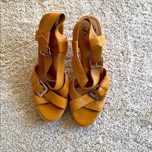 Yellow leather cork wedges Sz 9